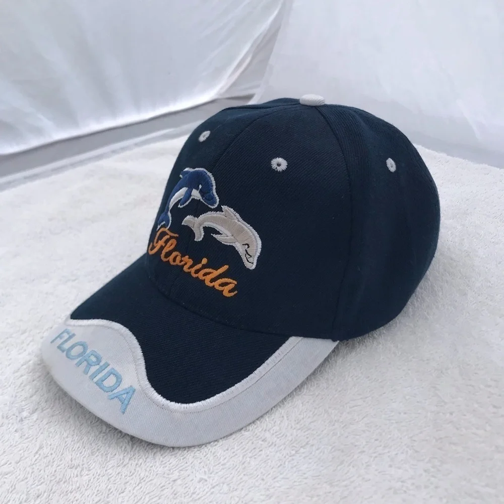Florida type with Dolphin Art Adjustable Blue White Travel Beach Baseball Cap